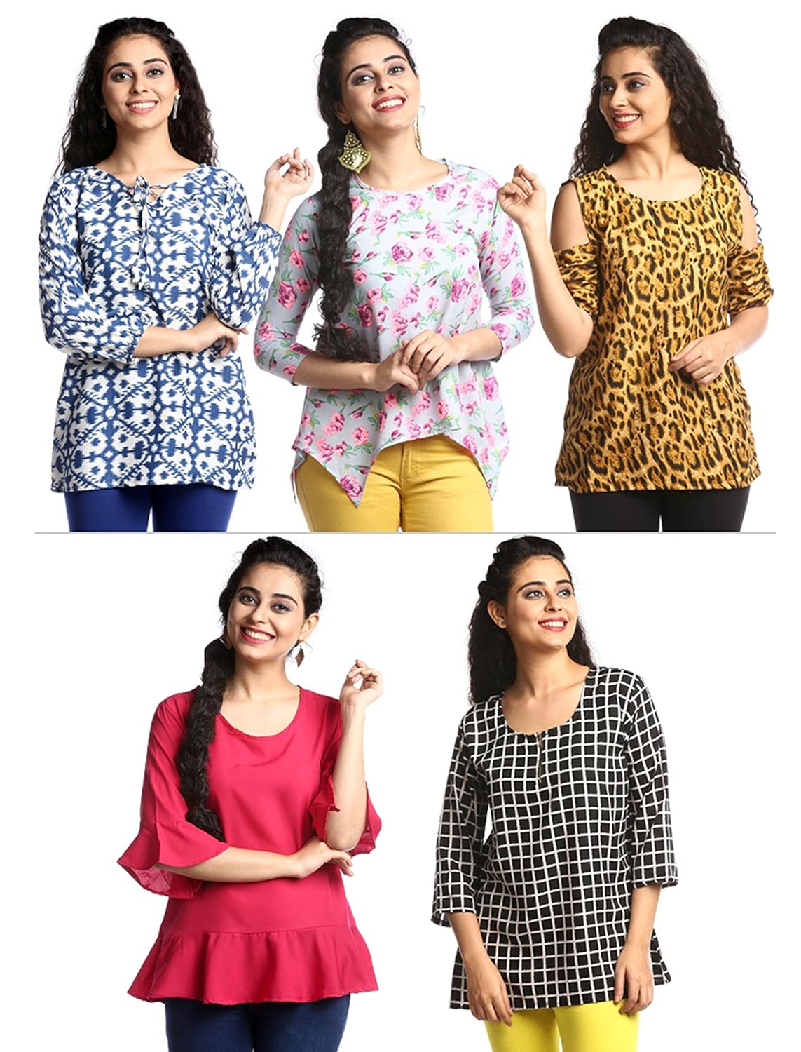 1 stop fashion women's set of 5 combo ready wear 3/4th sleeves digital print heavy crepe top