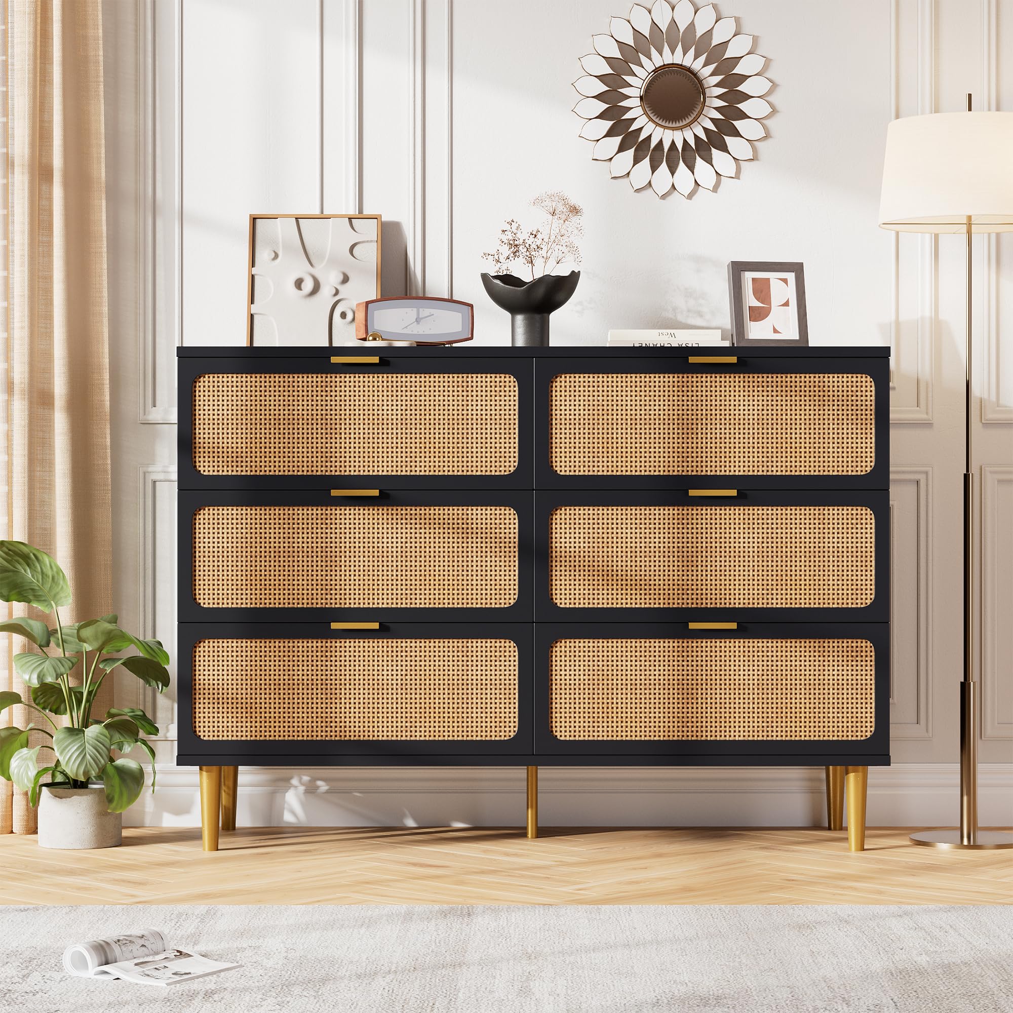 Photo 1 of **MINIR CORNER DAMAGE**GarveeHome Rattan 6 Drawer Dresser for Bedroom, Large Double Dresser with Deep Drawers, Long Wooden Chest of Drawers for Closet with Wide Top, for Living Room, Hallway, Kids Room, Black