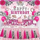 Cowgirl Birthday Party Decorations Disco Cowgirl Party Decorations Disco Cowgirl Happy Birthday Backdrop Hot Pink Cow Balloons Paper PomPoms Pink Fringe Curtain for Western Cowgirl Party Supplies