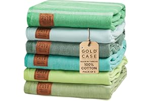 GOLD CASE HOME COLLECTION Gold CASE Turkish Beach Towel Set of 6 – 100% Cotton Large Turkish Bath Towels 70 x 38'' – LYCIA Oversized, Thin, Quick Dry & Sand Free Towels – Lightweight Peshtemal – Tones of Green