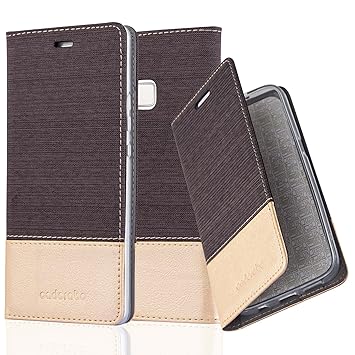 Cadorabo Hülle für Huawei P9 LITE - Hülle in Antrazit Gold – Handyhülle mit Standfunktion und Kartenfach im Stoff Design - Ca