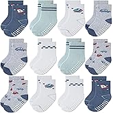 JAKIDAR Baby Toddler Grip Socks, 12 Pairs Non-Slip Crew Cotton Socks for Girls Boys
