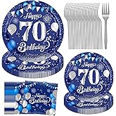 70th Birthday Decorations for Men, 96PCS 70th Birthday Plates and Napkins 70th Birthday Party Decorations for Men Blue and Silver Men 70th Birthday Party Supplies for 70 Year Old Men Serves 24