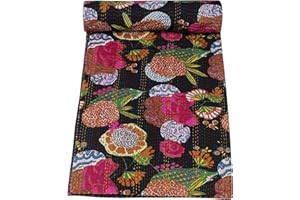 Marubhumi Quilts Indian Handmade Indian Traditional Blankets, Reversible, Pure cotton Fruit Print Kantha Quilt, Comforter, Black - King 108 x 108 Inches