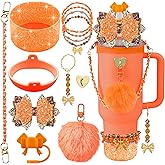 Hpebl 11PCS Accessories for Stanley Cup 40oz&30oz Tumbler Accessories including Silicone Cute Blue Bow Straw Topper Cover Silicone Stanley Boot Leather Water Handle Strap Bracelet Y2K Orange Charms