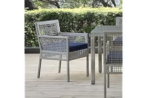 Modway Aura Wicker Rattan Outdoor Patio Dining Arm Chair with Cushion in Gray Navy
