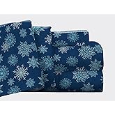 Pointehaven Flannel Deep Pocket Set with Oversized Flat Sheet, King, Snow Flakes Navy