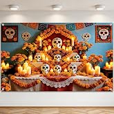 Avezano Day of The Dead Backdrop Dia De Los Muertos Banner 6 x 3.6 ft | Polyester Fabric, Mexican Fiesta Dia DE Los Muertos Party Decorations Skull Marigold Candle Day of The Dead Banner Supplies