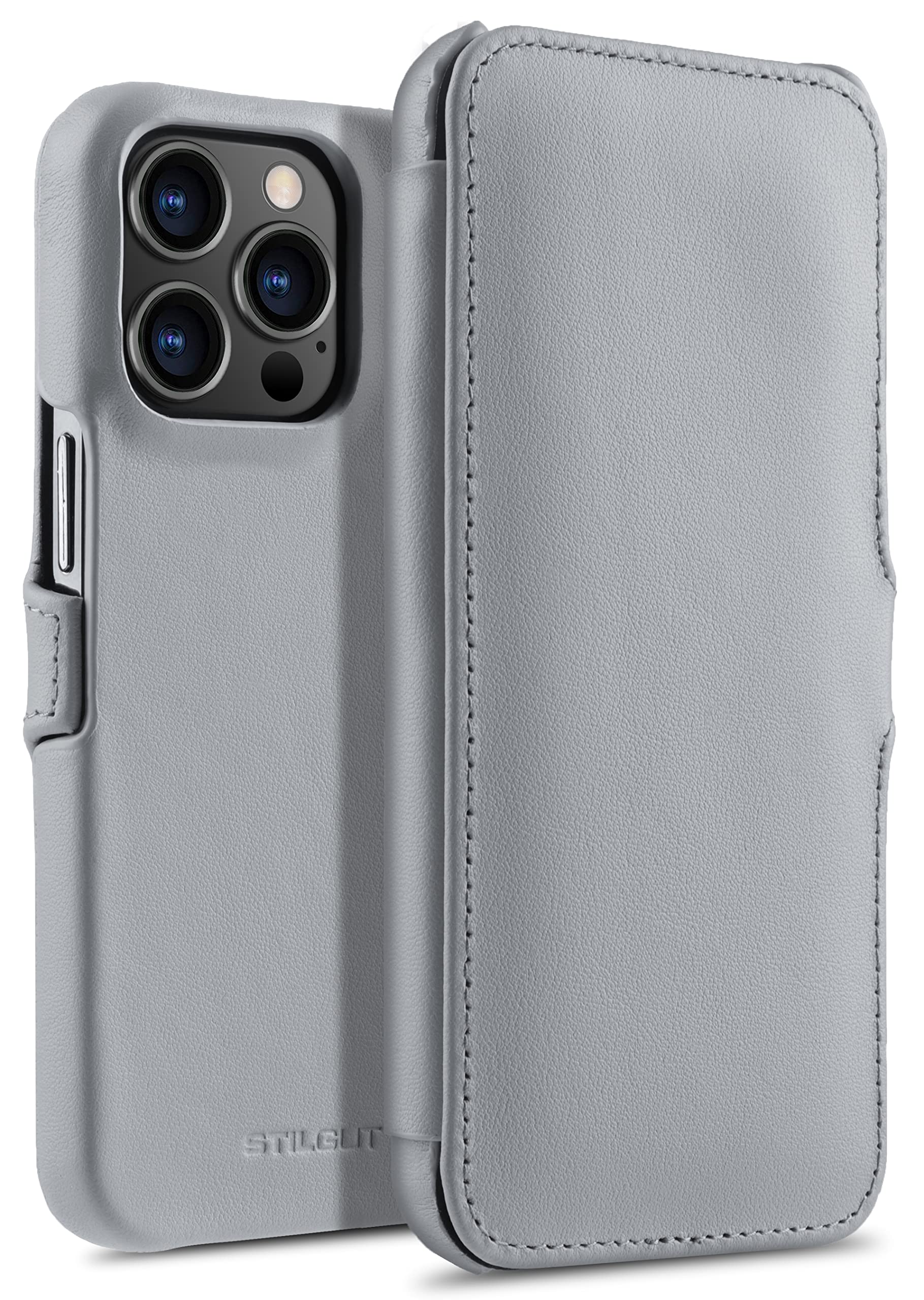 STILGUT Book Case Compatible with iPhone 13 Pro Max (6.7 Inch) Leather Case with Clip Closure, Flip Case, Mobile Phone Case, Leather Case - Grey Nappa