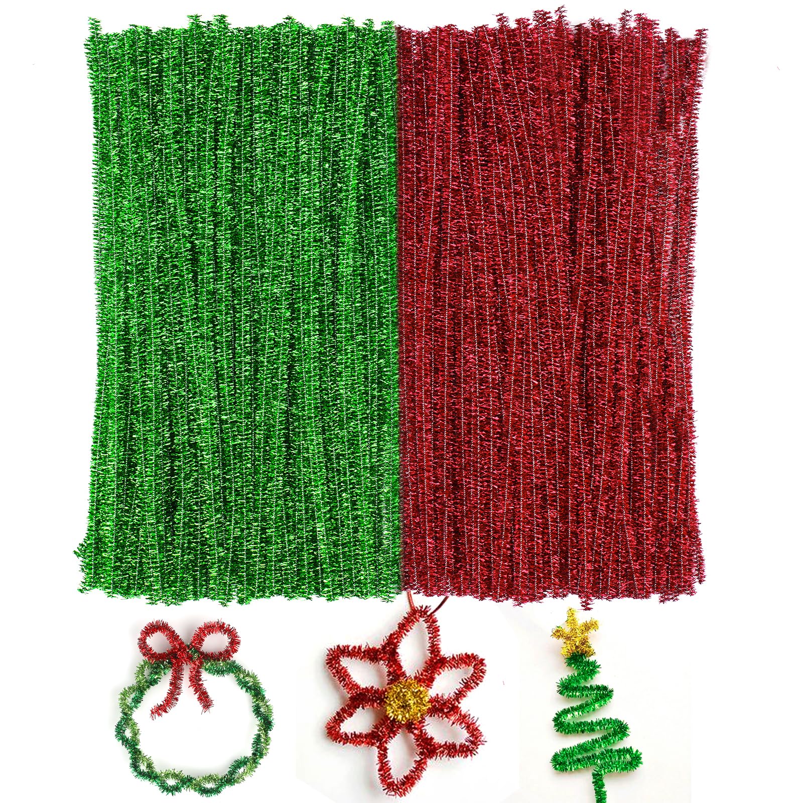 G2PLUS Glitter Pipe Cleaners, 200PCS Sparkly Craft Pipe Cleaners, 30CM Christmas, 6mm Green and Red Glitter for DIY Craft Projects, Christmas Ornament Making