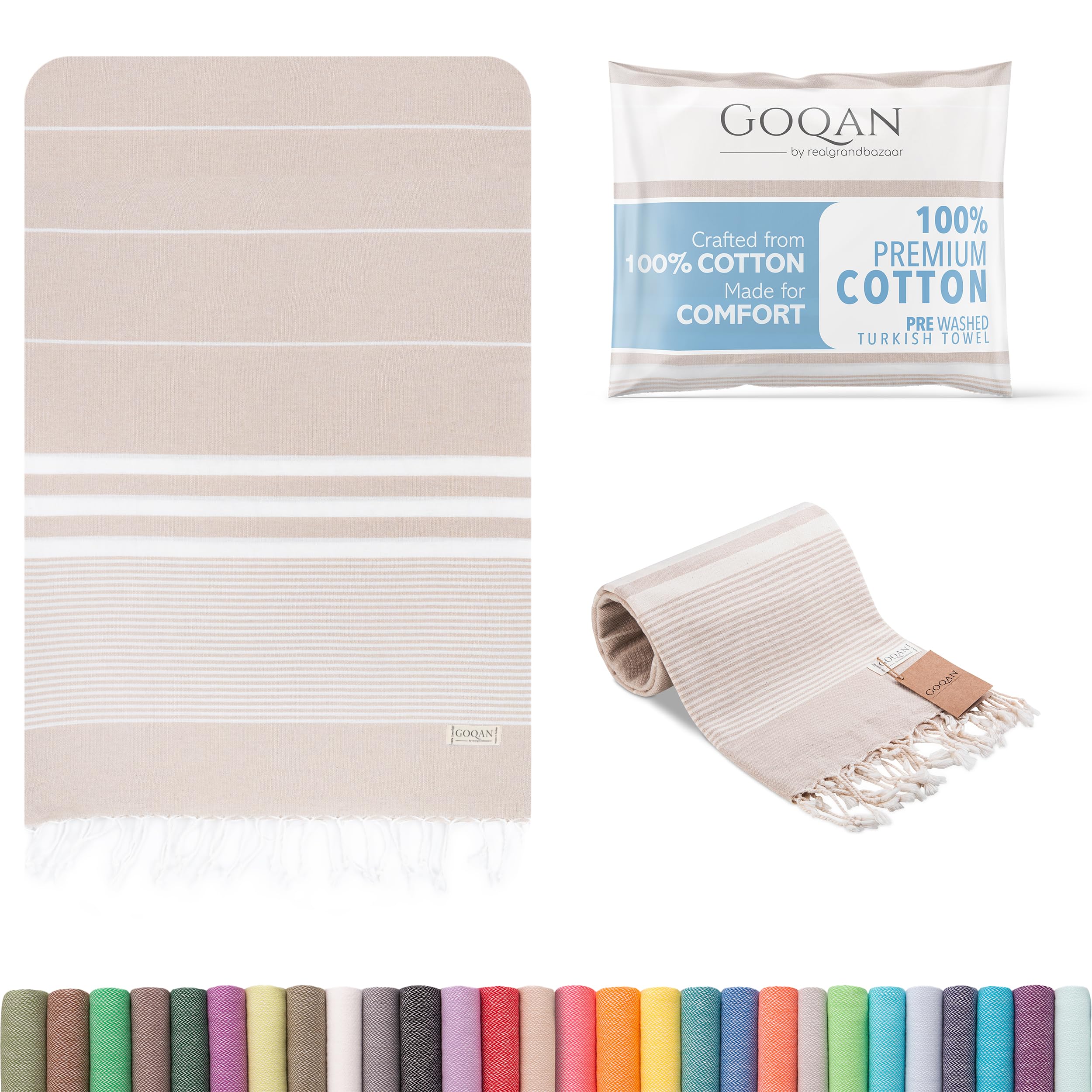 realgrandbazaar Turkish Towel Beach Towel%100 Cotton - Pre Washed, Softly 37 x 64 Oversized Clearance Beach, Pestemal, Peshtemal, Hammam, Spa, Large Bath Towels, Super Soft Towels (Beige)