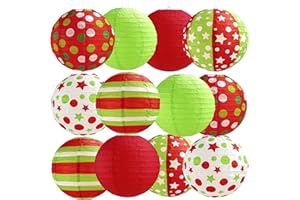 BISANZOYA 12 Pcs Red Green Christmas Hanging Paper Lanterns 8 Inch Christmas Party Lanterns Indoor Outdoor Decorative for Xmas Holiday Party Baby Shower Birthday