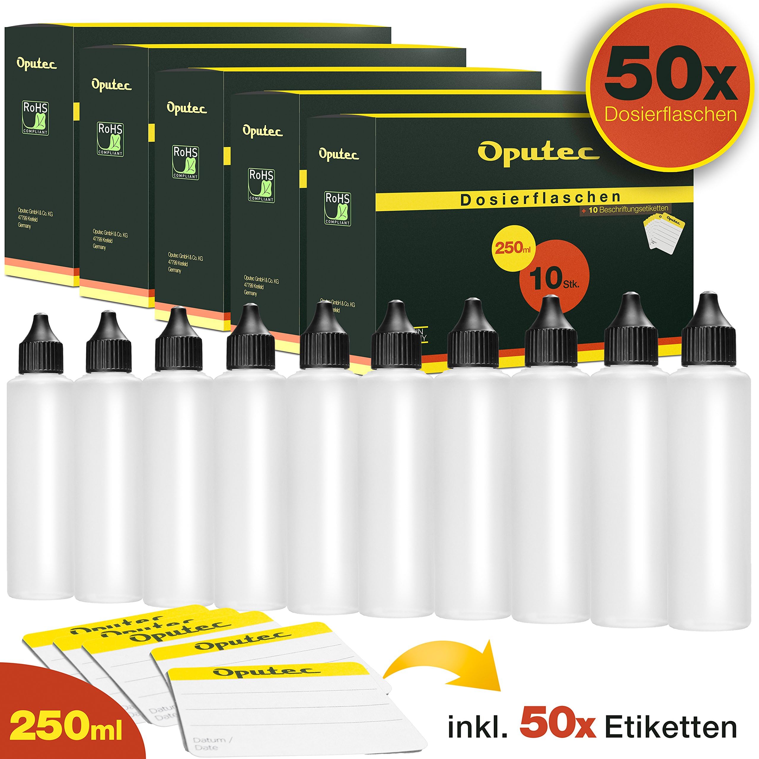 Oputec Plastic Bottles with Tröpfler Liquid Bottle Fill for Liquids, 1 MOD | Plastic Empty Liquid Container Bottle Dropper Bottles | including 50 Labels, Plastic, natural, 250 ml