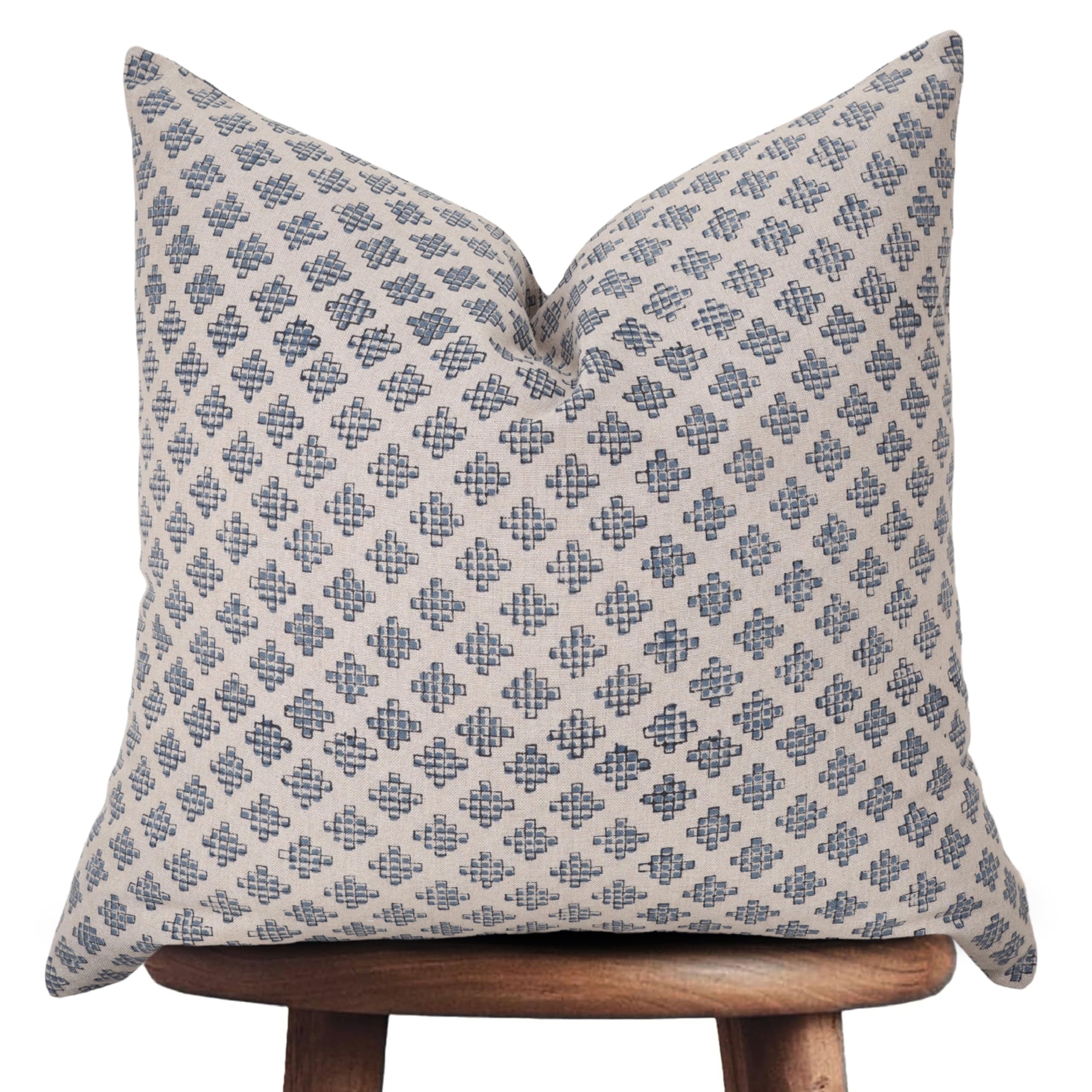 Photo 1 of Handmade Block Print 100% Thick Cotton Accent Throw Cushion Cover with Invisible Zipper- Pillowcase for Bedroom, Living Room, Outdoor, Couch, Patio, Home Décor- Penny (Blue, 20" x 20")