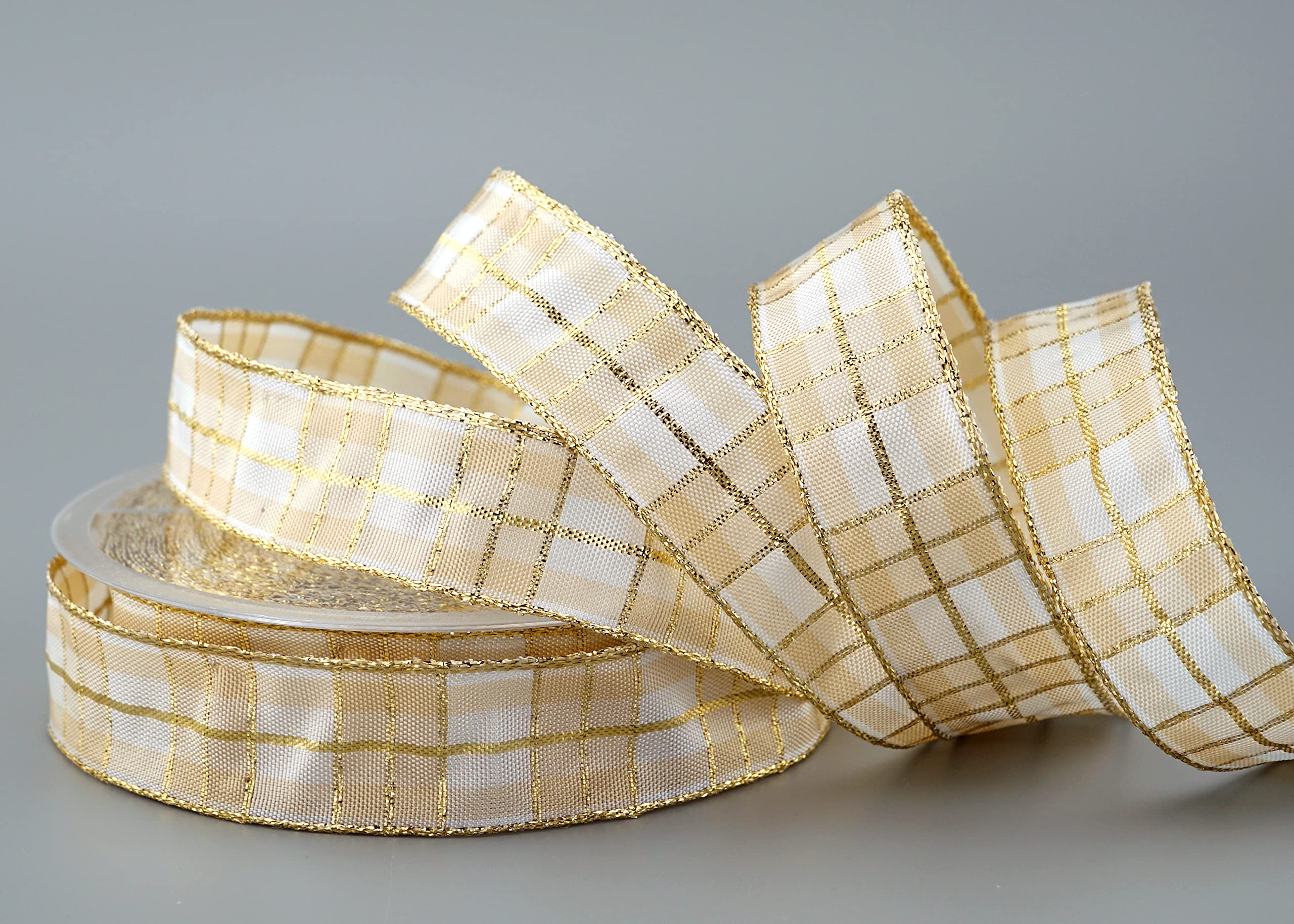 finemark 20 m x 25 mm Checked Christmas Ribbon White Cream Gold (103) with Lurex Wired Edge Ribbon Decorative Ribbon Gift Ribbon Tartan Shiny Ribbon Gold Edge Wire Ribbon Winter Christmas Check — image 1
