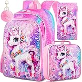 KLFVB 3PCS Unicorn Mermaid Backpack for Girls, 16" Sequin Kids Bookbag and Lunch Box, Preschool Backpacks for Elementary