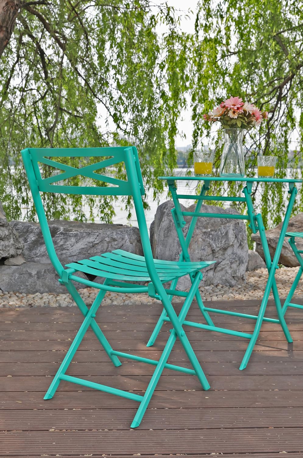 century leisure outdoor furniture on Amazon Com Captiva Designs 3 Pcs Outdoor Patio Stable Steel Bistro Folding Table And Chair Furniture Set Green Garden Outdoor
