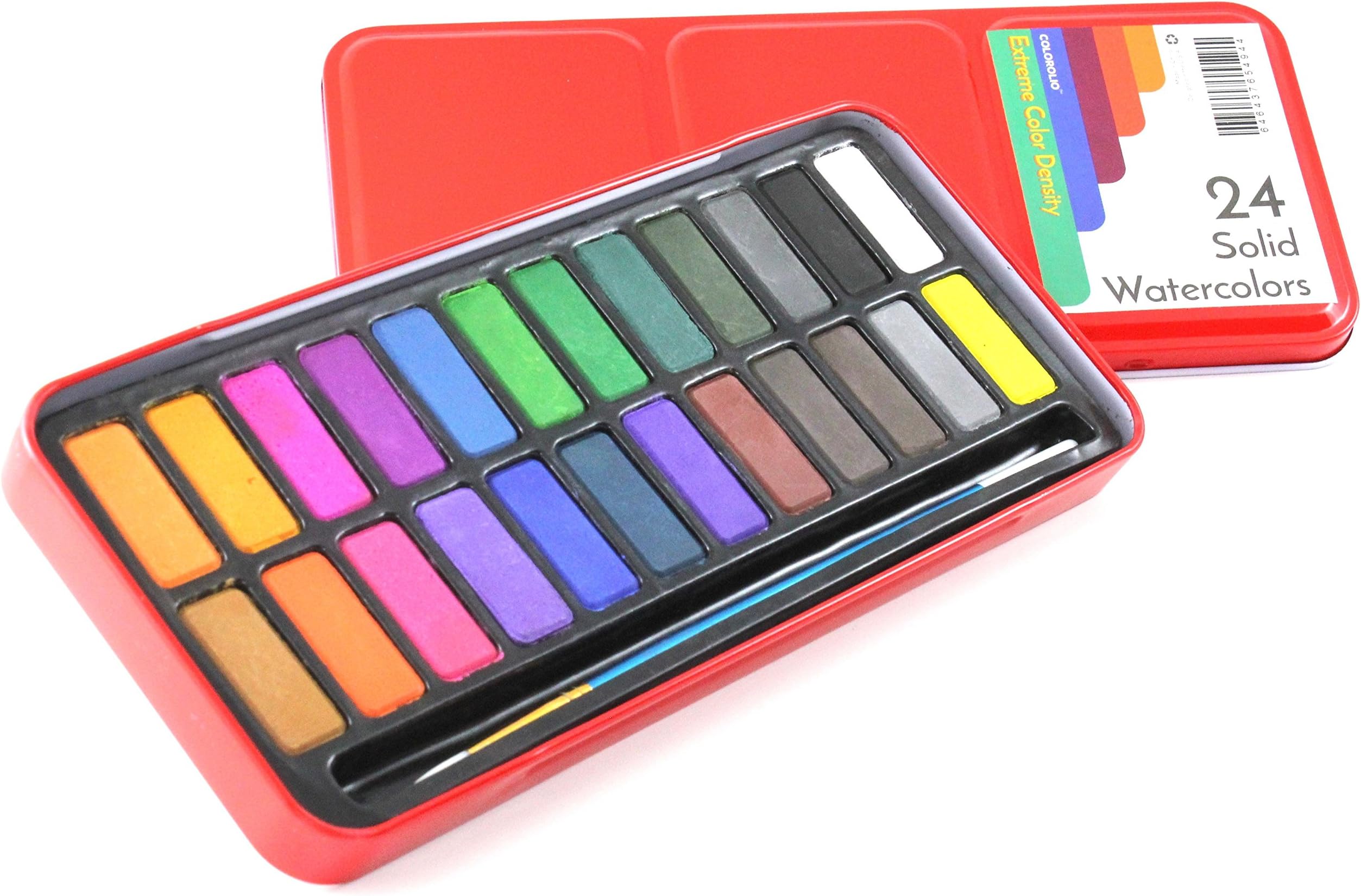Colorolio Watercolor Paint Set of 24 Solid Cake Colors with Bonus Paintbrush. High Color Density. Perfect for Children or Adults. Pan, Palette for Lid. Enhance Your Art