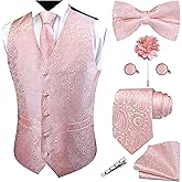 GUSLESON Formal Men Vest Paisley Floral Jacquard Tie Waistcoat Bow tie Hanky Lapel Pin Cufflinks Set Wedding 7PCS