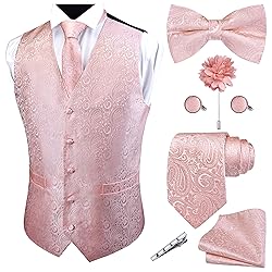 GUSLESON Mens Paisley Rose Gold Suit Vest Tie and