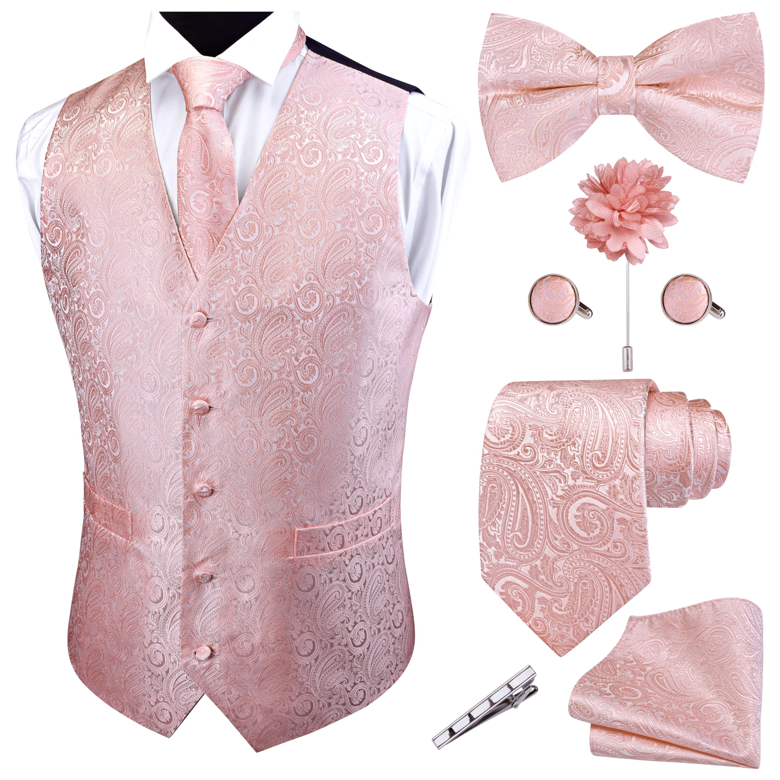 GUSLESON Mens Paisley Rose Gold Suit Vest Tie and
