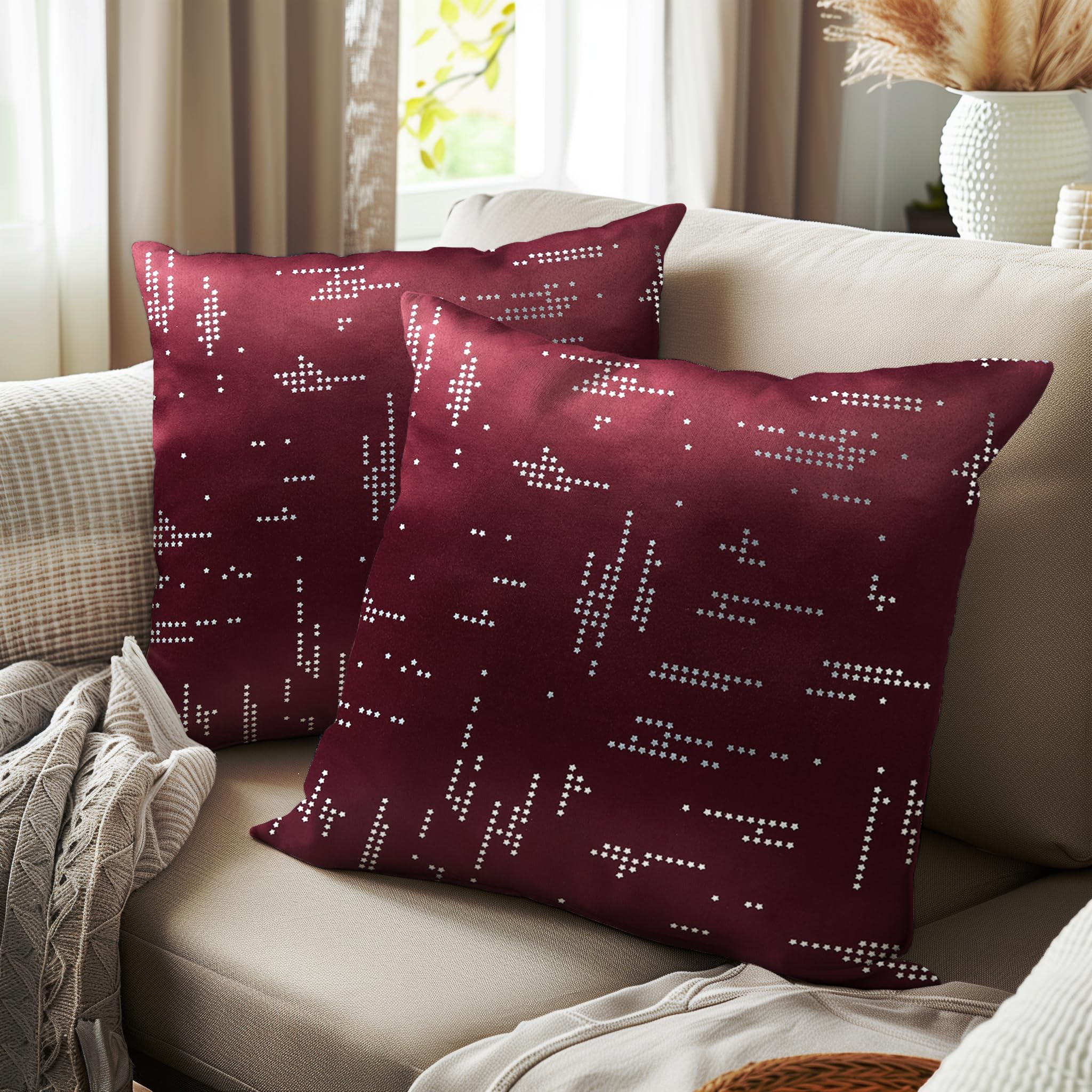 Encasa XO Cushion Covers (50x50 cm, 2pc set) I Citylight Maroon I Silver Foil Print on Heavy Soft Satin I Machine Washable I Many sizes & colors โ image 1