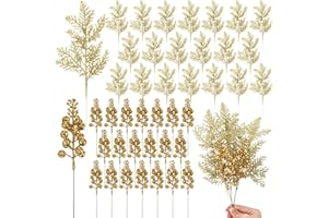 Cindeer 80 Pcs Gold Christmas Glitter Berries Stems Pine Needles Christmas Artificial Picks Fake Floral Twig Spray for Xmas Tree Ornaments DIY Wreath Garland Decorations