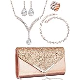 Henoyso 5 Pcs Purse Rhinestone Jewelry Set Prom Jewelry Rhinestone Clutch Purse Bride Necklace Earrings Bracelets for Women