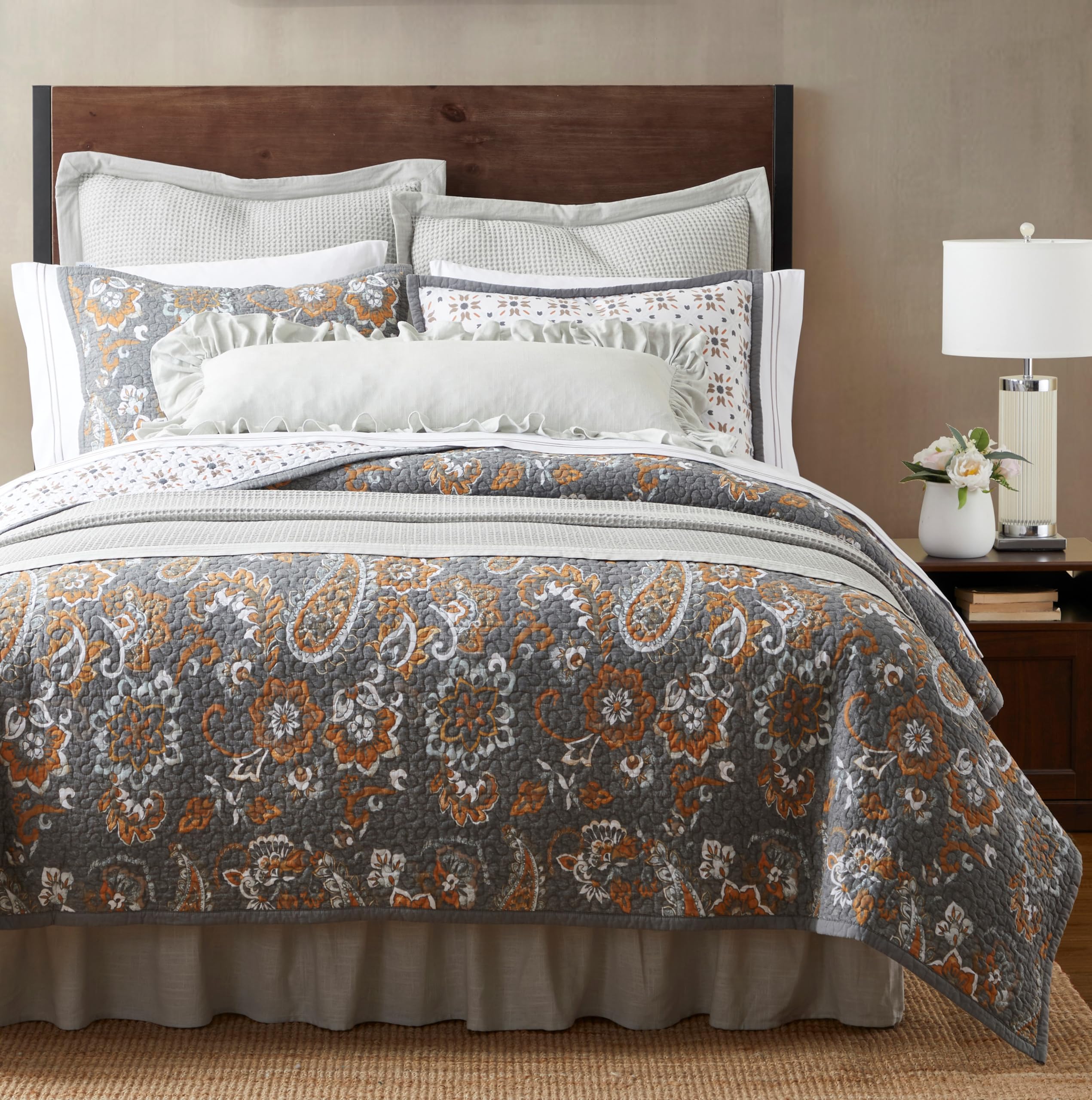 Paseo Road Abbie 3 Piece Quilt Set with Pillow Shams, Gray, Queen Size, Cotton Reversible Bed Set, Western Floral Farmhouse Style Bedding Set, 1 Quilt and 2 Pillow Cases Image Paseo Road Abbie 3 Piece Quilt Set with Pillow Shams, Gray, Queen Size, Cotton Reversible Bed Set, Western Floral Farmhouse Style Bedding Set, 1 Quilt and 2 Pillow Cases Image