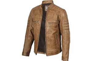 fjackets Cafe Racer Leather Jacket Men - Real Lambskin Natural Grain Leather Moto Style Jackets For Mens