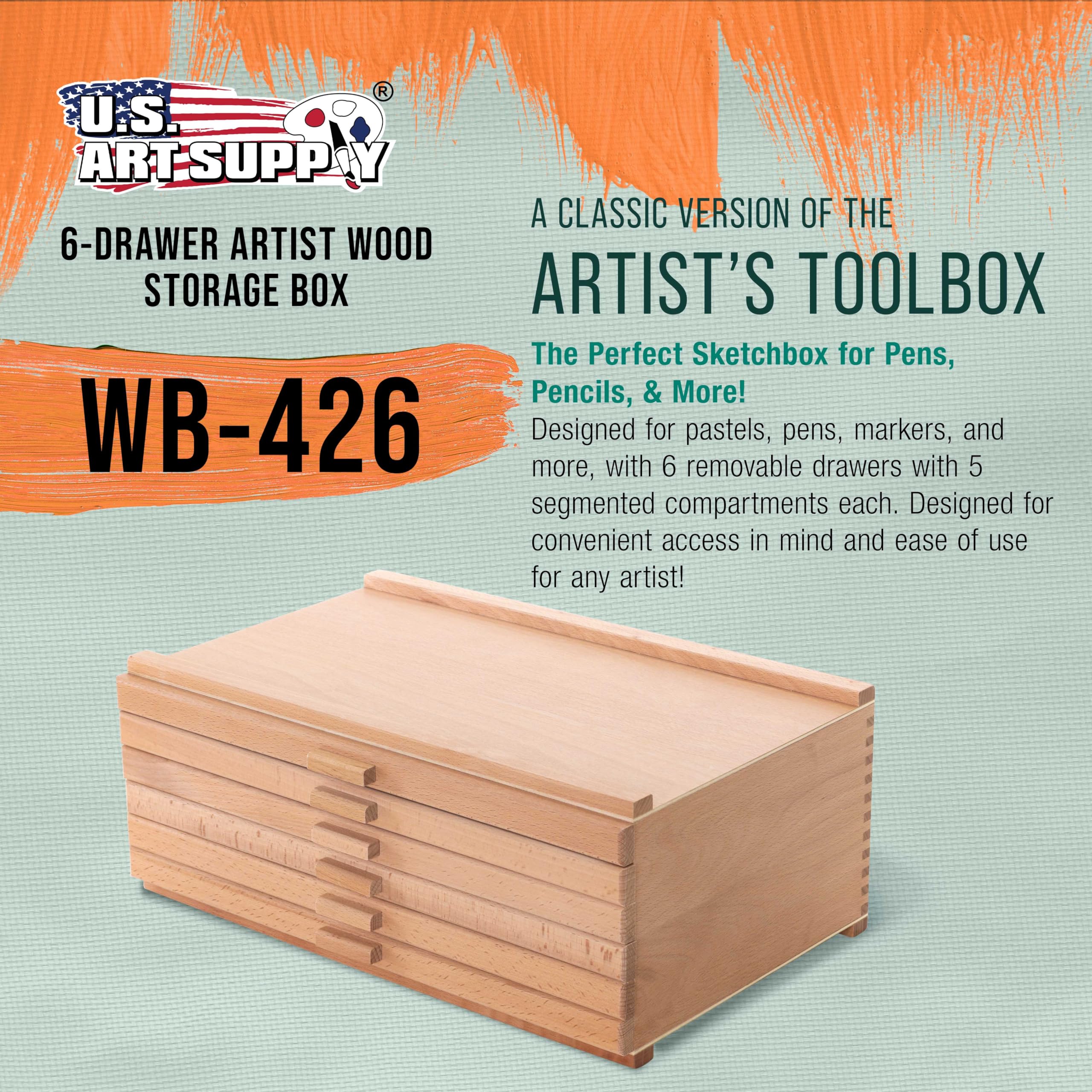U.S. Art Supply 6-Drawer Artist Tool Supply Box with 5 Compartments per Drawer - Hardwood Art Box for Artist Supplies, Brushes, Pencils, Erasers, Tool Storage Organizer Case