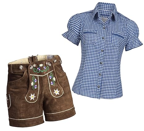 Gaudi-Leathers Damen Set Trachten Lederhose Shorts dunkelbraun bunte Blümchen + Träger + Trachtenbluse Mala, Marke