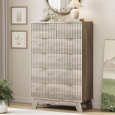 Xixini Fluted Dresser for Bedroom with 6 Drawers, 46" Tall Modern Chest of Drawers with Metal Handle, Wooden Dresser TV Stand, Wood Closet Clothes Storage Organizer for Living Room, Hallway, Grey