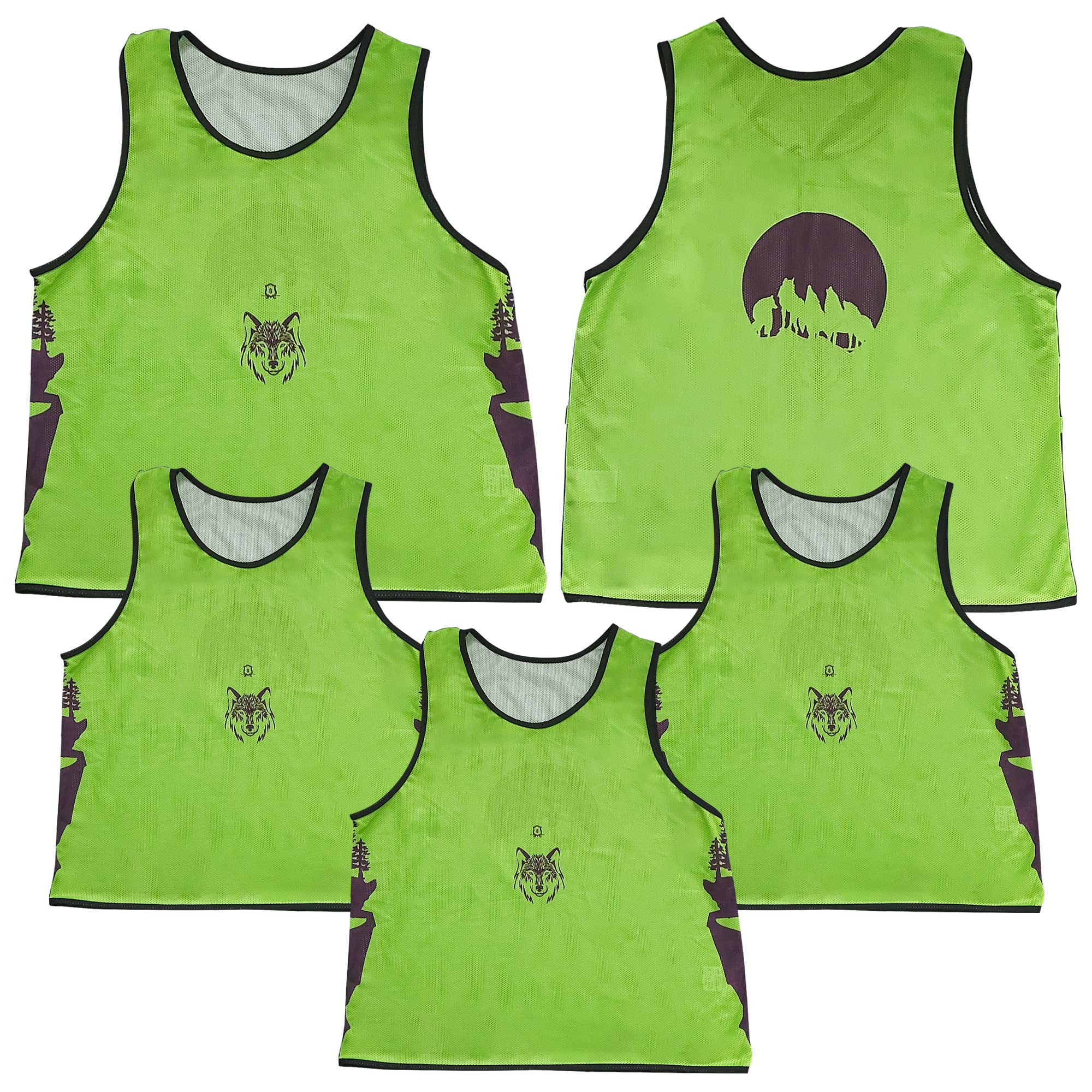 Glyph Sports Training Bibs | Set of 5 | Kids to Adult sizes | Suitable for all Sport including Football | Wolfpack design (Light Green)