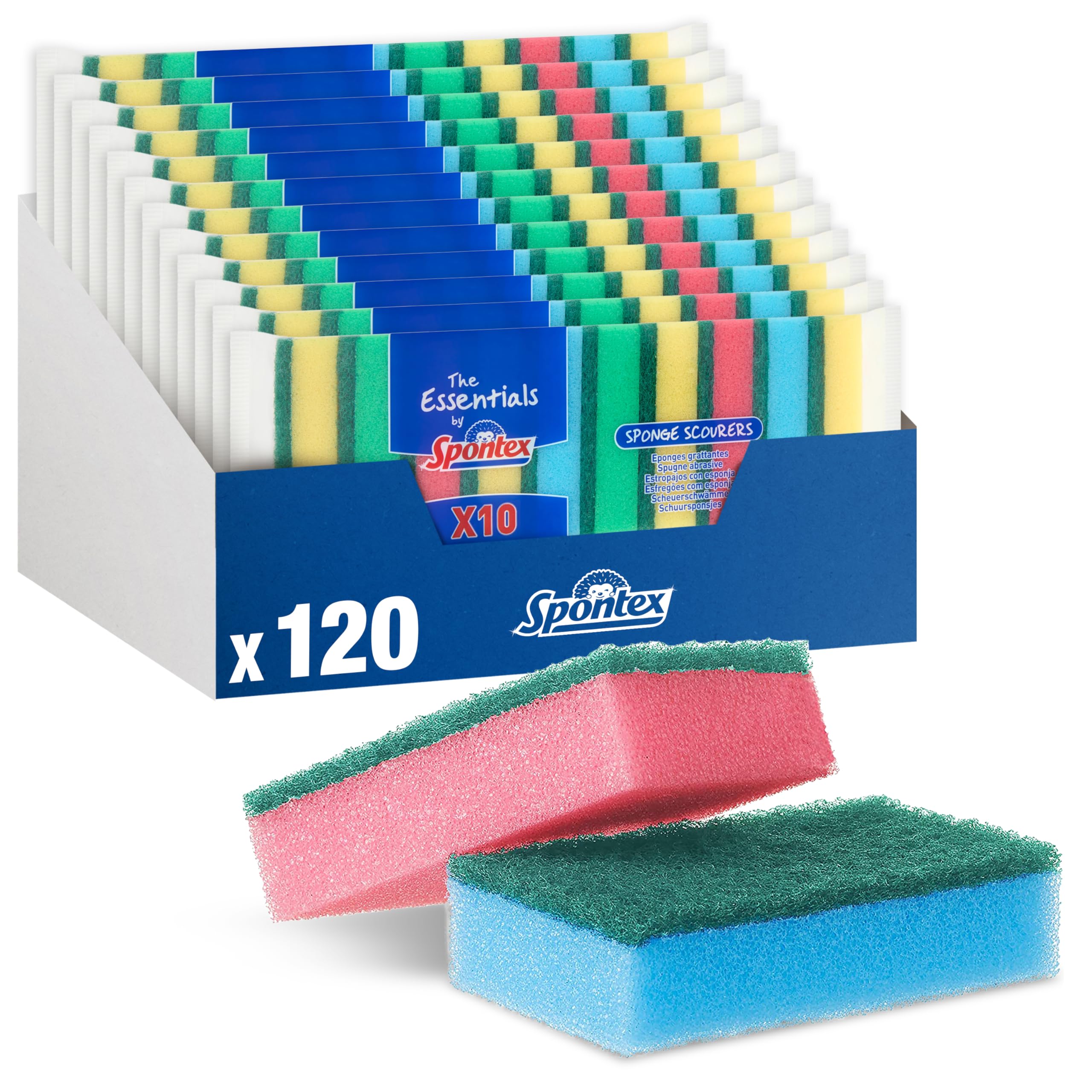 Spontex The Essentials Washing Up Sponge Scourers | Hard Wearing & Versatile | Assorted Colours | 12 x 10 Pack (120 Total)