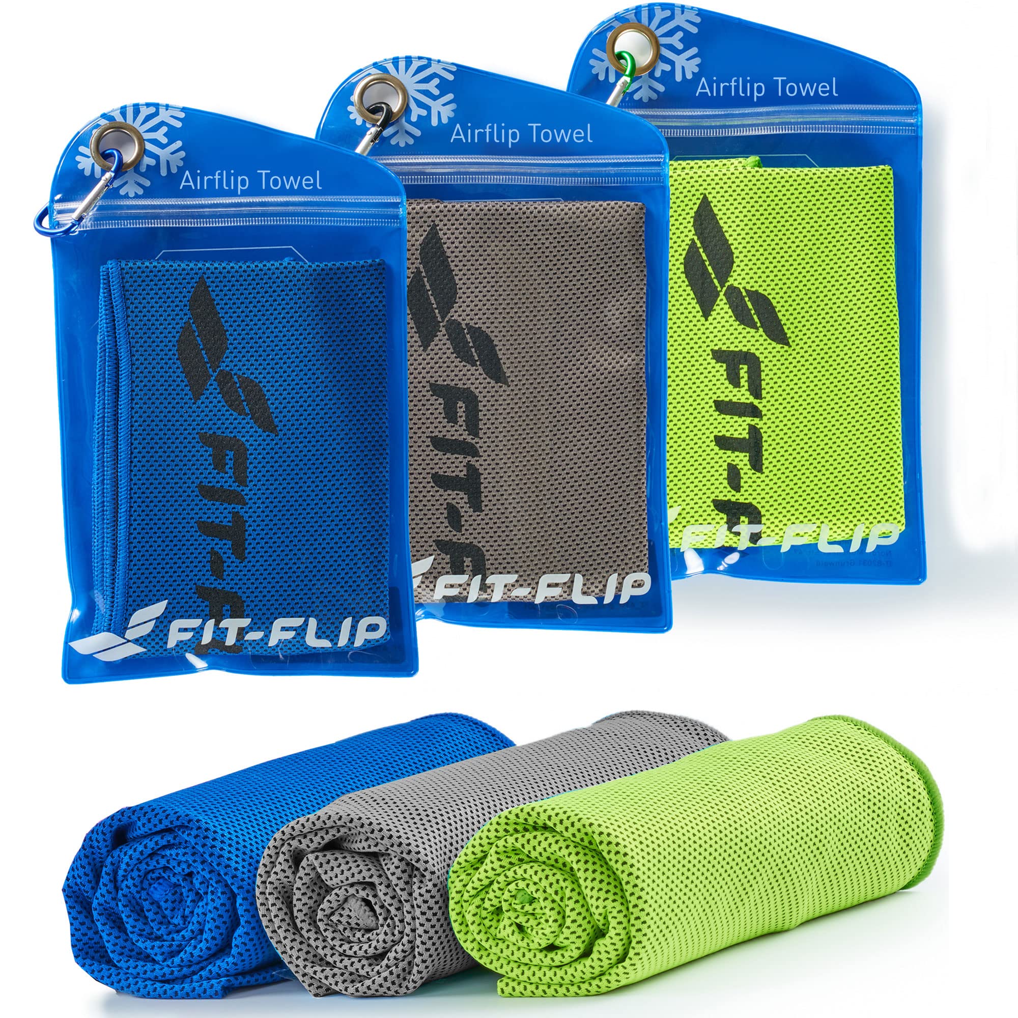 Fit-Flip Set of Cooling towels - Airflip - cool touch microfibre ice towel as wet neck scarf - cold cloth for sport, yoga and fitness (green/dark blue/grey, 100x30cm)