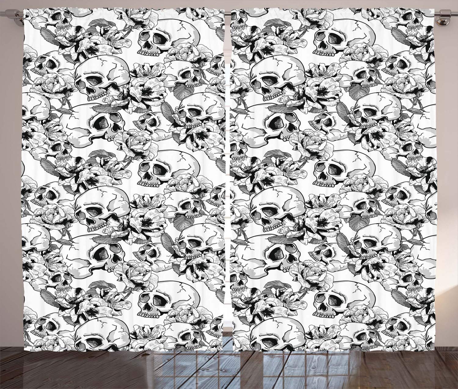 ABAKUHAUS Day of the Dead Curtains, Celebration Mexican Spanish Sketch Dead Skulls Artwork Print, Living Room Bedroom Window Drapes 2 Panel Set, 69 L X 110 W, Black and White