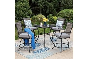 PHI VILLA 5 Piece Outdoor Bar Furniture Set, Counter Height Patio Bar Bistro Table (Square) & Rattan Wicker Bar Stools Chairs with All Weather Cushions for Backyard, Deck and Porch