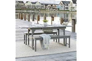 Walker Edison Maui Modern 3 Piece Solid Acacia Wood Slatted Patio Dining Table and Bench Set, Set of 3, Grey Wash