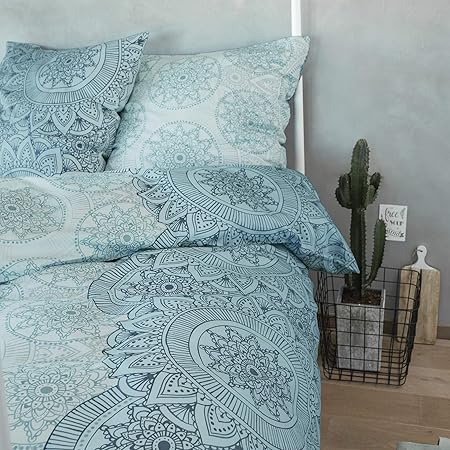 Zeitgeist Bettwäsche 155x220cm, hochwertiger Mako-Satin, 100% Baumwolle, türkis, 2 teiliges Set aus Deckenbezug 155x220 und Kissenhülle 80x80, Reißverschluss