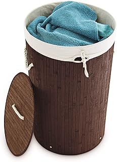 Relaxdays Wäschekorb Bambus, faltbare Wäschetonne mit Deckel, Volumen 70 l, Wäschesack Baumwolle, rund Ø 41 cm, braun