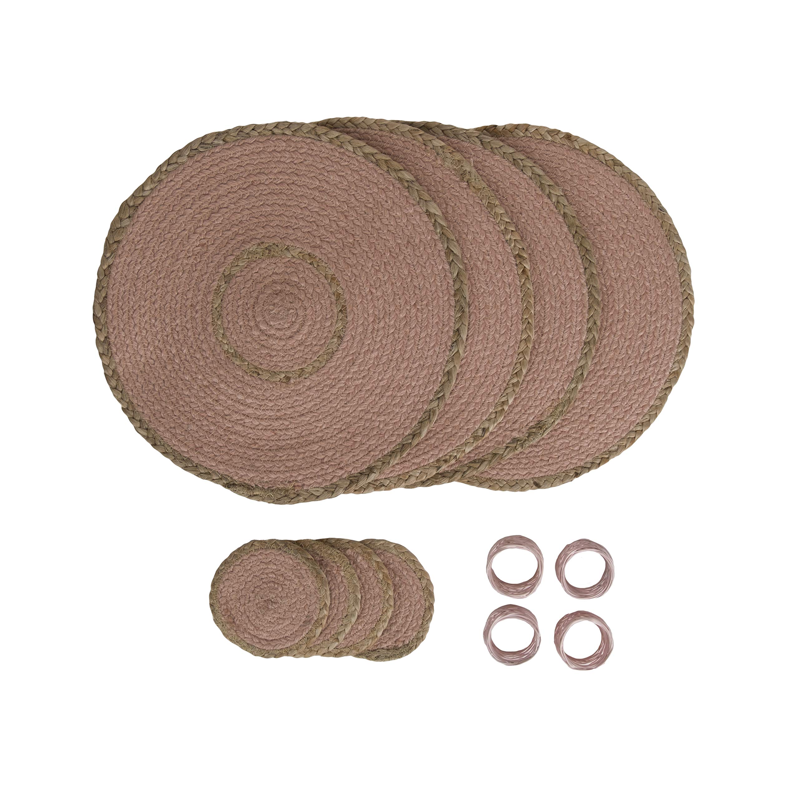 Penguin Home 12-Piece Blush Jute Dining Set – Handcrafted Placemats, Coasters & Napkin Rings – Perfect for Christmas, Thanksgiving, New Year Celebrations – 32 cm (13”)