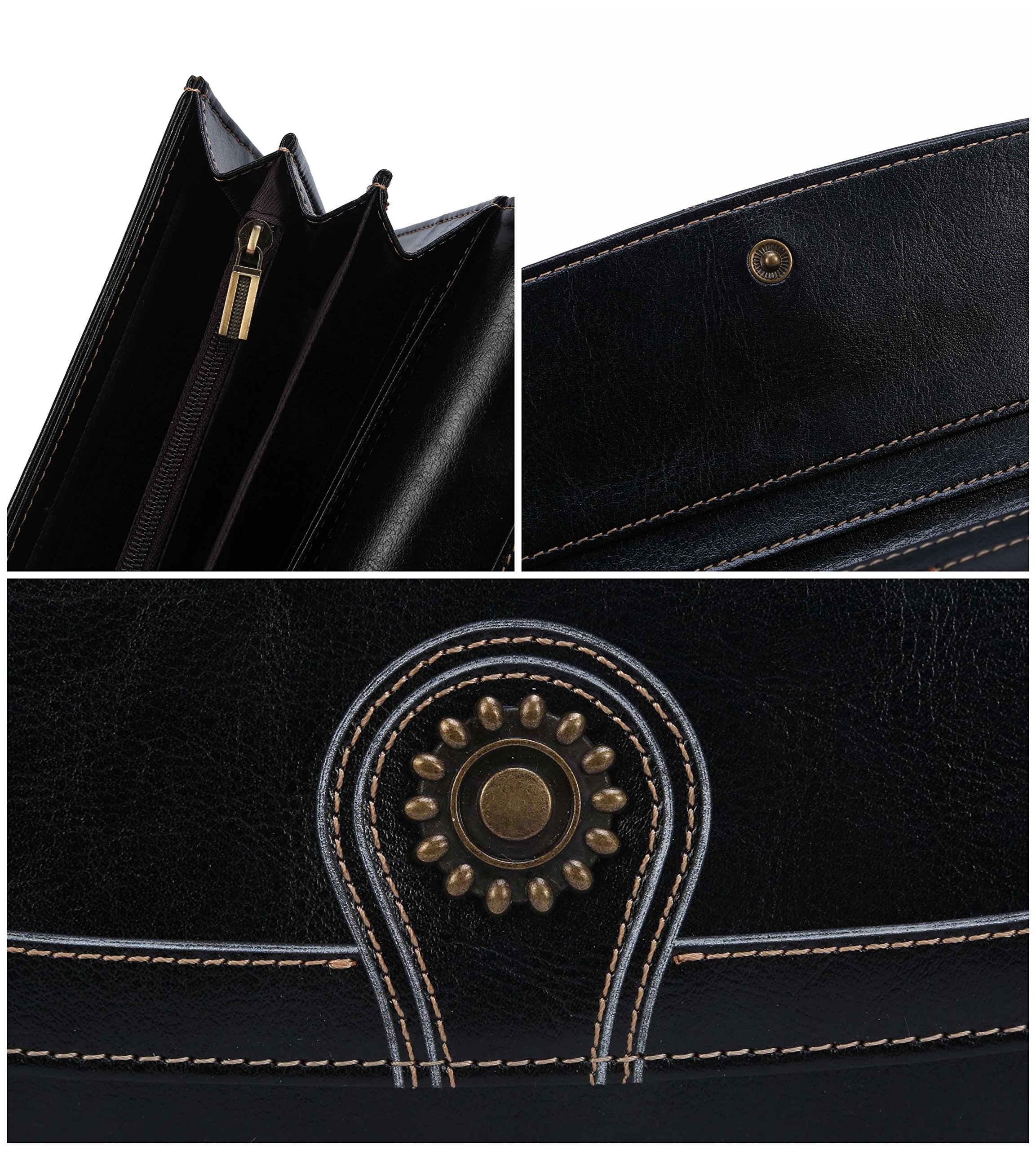 Carteras de Cuero Genuino Monedero para Mujeres RFID Bloqueo Cera de Lujo Piel Gran Capacidad Bolso de la señora-Negro