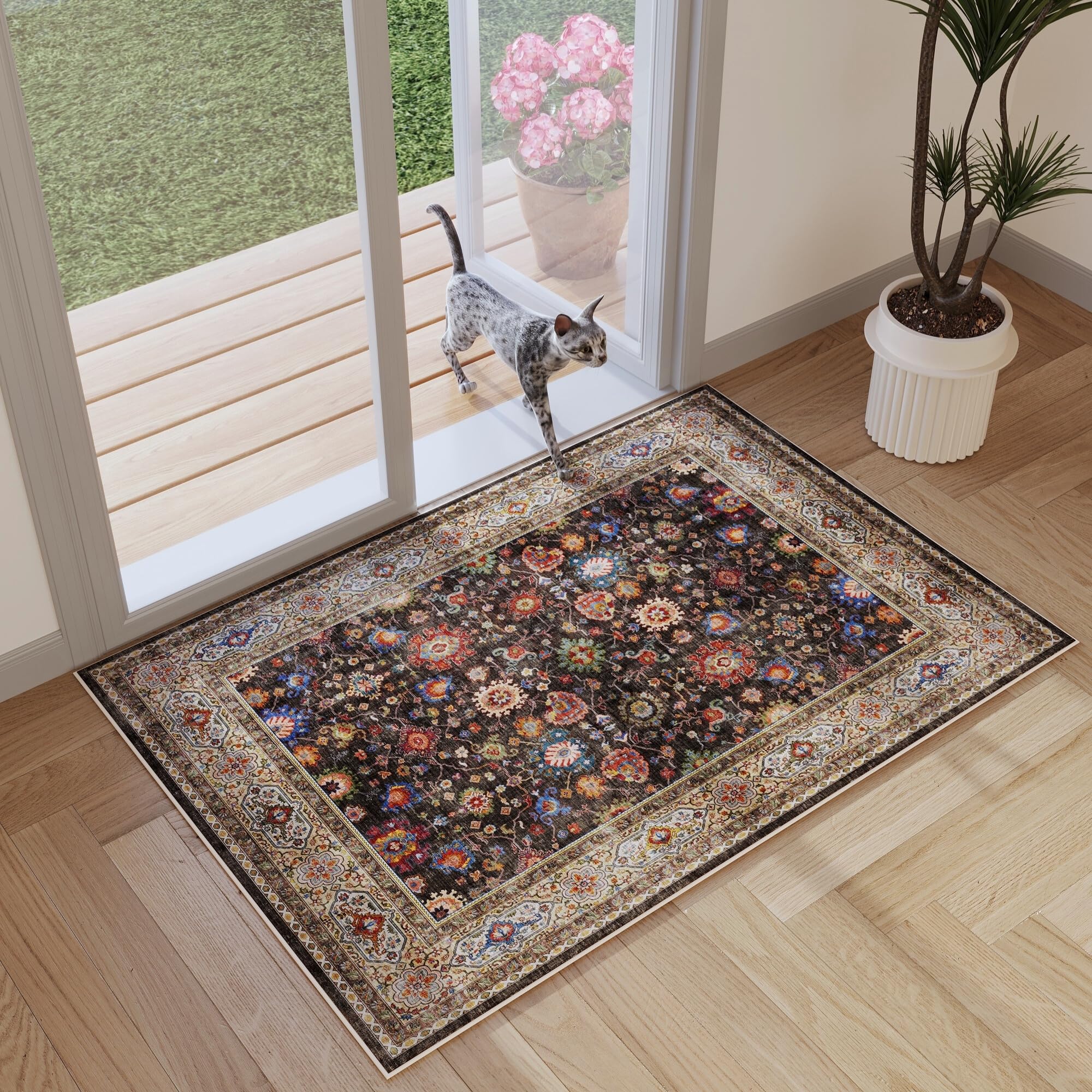 Rugcomf Door Mat Indoor Entrance 2x3 Rug Machine Washable Boho Small Area Rug Non-Slip Low Pile Throw Rugs for Entryway, Kitchen, Front Door Indoor Entrance, Entry, Kids Room (Dark Espresso)