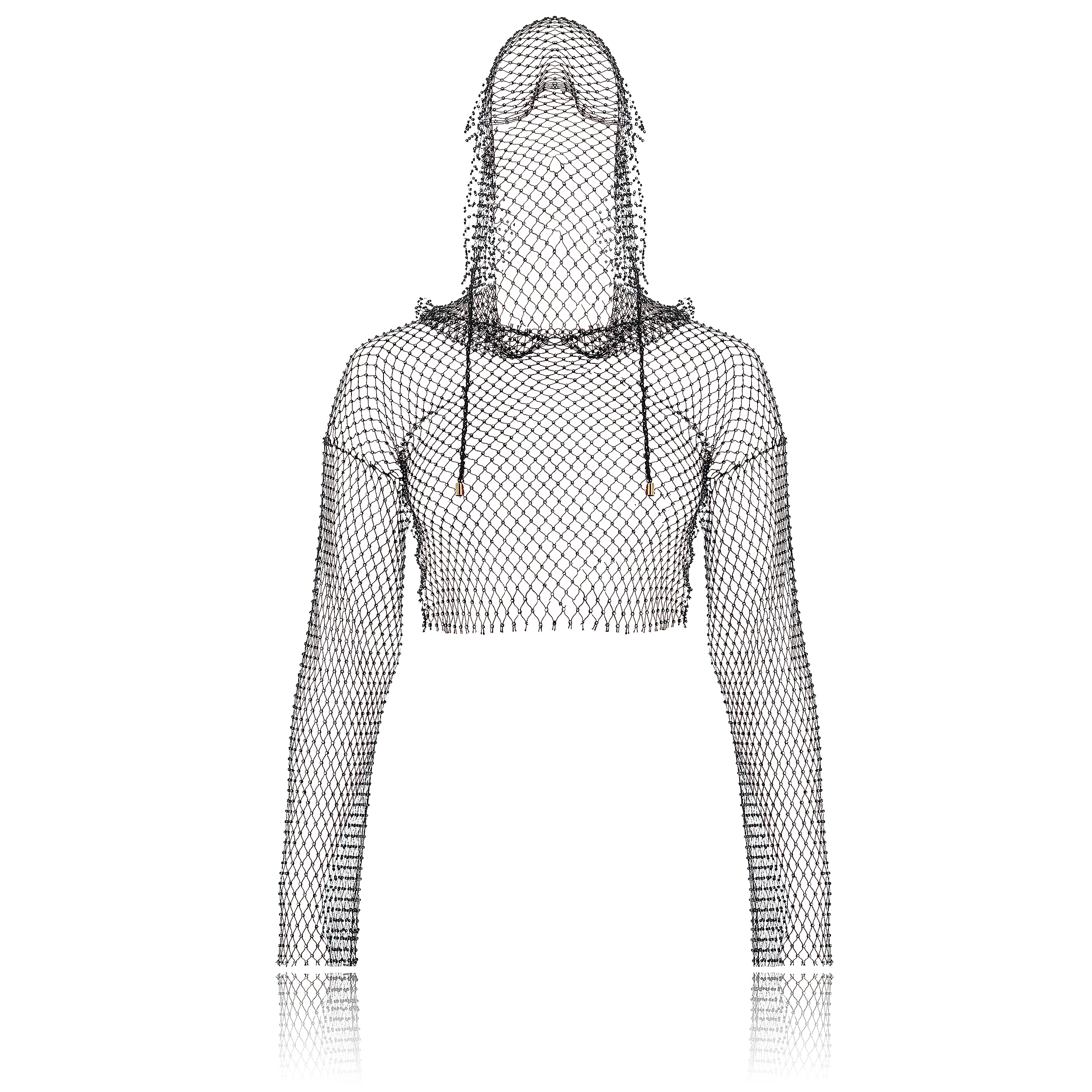 Photo 1 of Fstrend Crystal Mesh Body Chains Rhinestone Fishnet Black Crop Top Long Sleeves See Through Bikini (as1, alpha, m, l, regular, regular, Balck-hood)