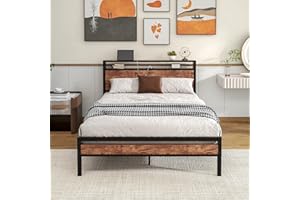 HOJINLINERO Full Size Bed Frame with Storage Headboard/USB Charging Station,Metal Platform Bed Frame Full Size No Box Spring Needed,Noise-Free,Strong Steel Slats Support,Rustic Brown