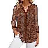 Bebonnie Women's 3/4 Sleeve Casual Notch V Neck Blouses Double Layers Mesh Tunic Tops