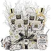 Luxury At-Home Spa Kit with Honey Almond Scent - Bath Gift Basket with Vit E-Rich Bath Essentials, Tumbler, Ear Candles, Bath Oil, Salts, Shower Steamer, Organic Lip Balm & More in Leopard Basket, 21
