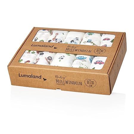 Lumaland Baby Mullwindeln Spucktücher 10er Set ca. 80 x 80 cm 100% Baumwolle weich schadstofffrei bunte Motive