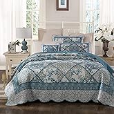 Tache Cotton Patchwork Farmhouse Cottage Country Vintage Antique Ditsy Floral Paisley White Blue Scalloped Lightweight Coverlet Petal Dance Quilt Set, King